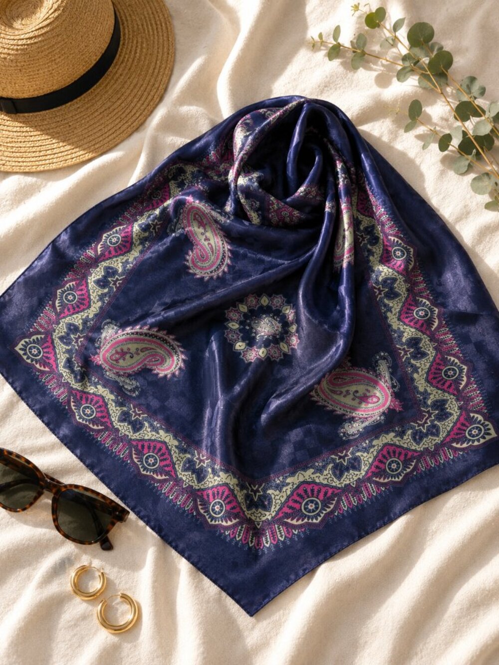 Ipeker Navy Paisley Square Scarf 45" Satin Feel Head Neck Hair Wrap